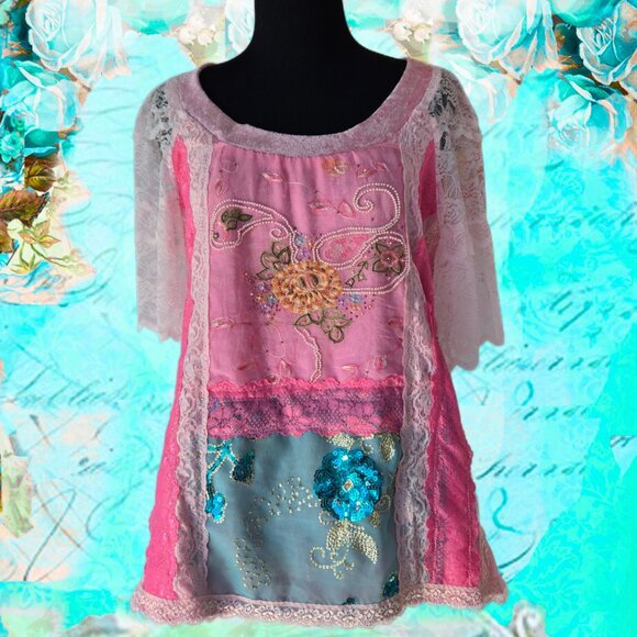 Pink & Aqua Romantic Blouse - Size Large - Picture 1 of 6